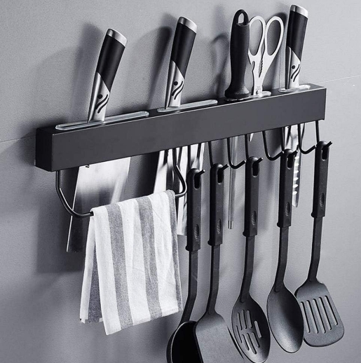 5pcs kitchen utensils and 3 kitchen knife and knife sharpening bar and a scissors hang by a hanger